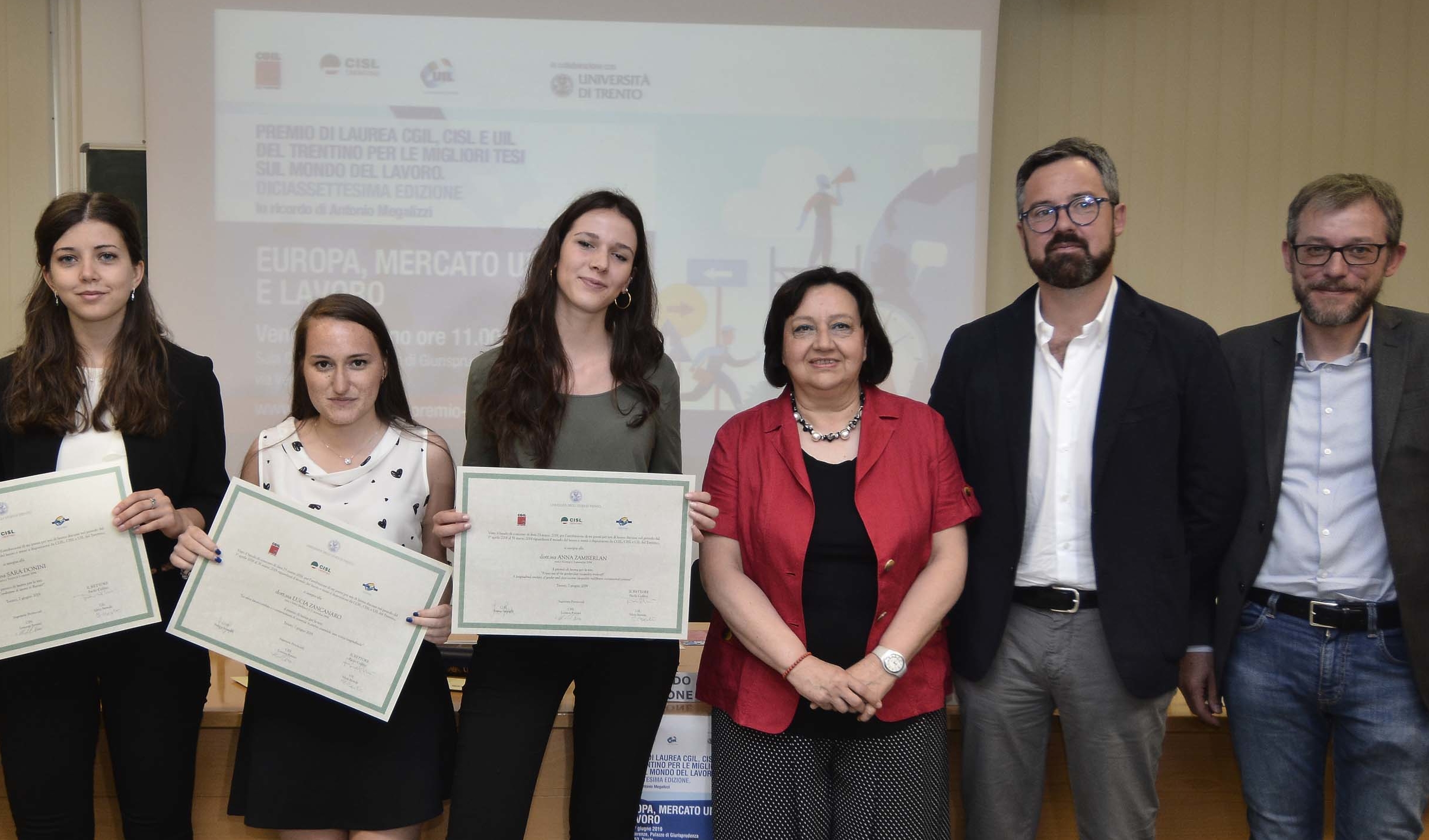 Premio Cgil, Cisl e Uil del Trentino a tre tesi di laurea sul lavoro